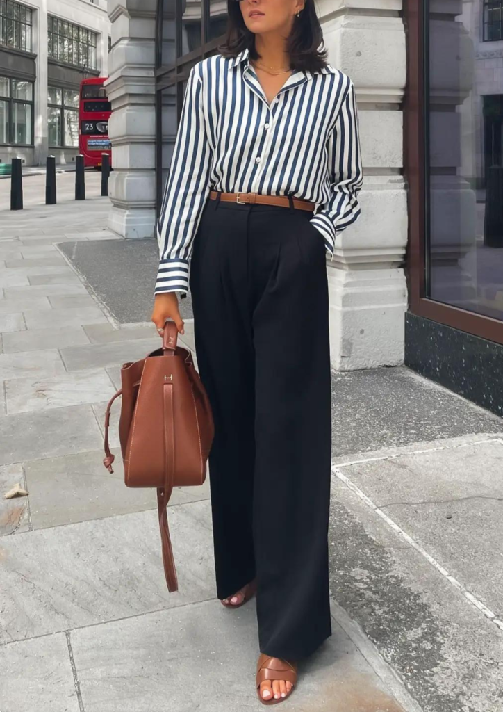 chic minimalist outfit- Striped-Shirt-Navy-Wide-Trousers-Bodysuit