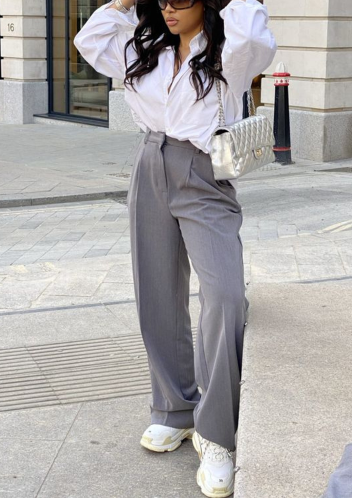 chic minimalist outfit- White-Button-Shirt-Gray-Wide-Trousers